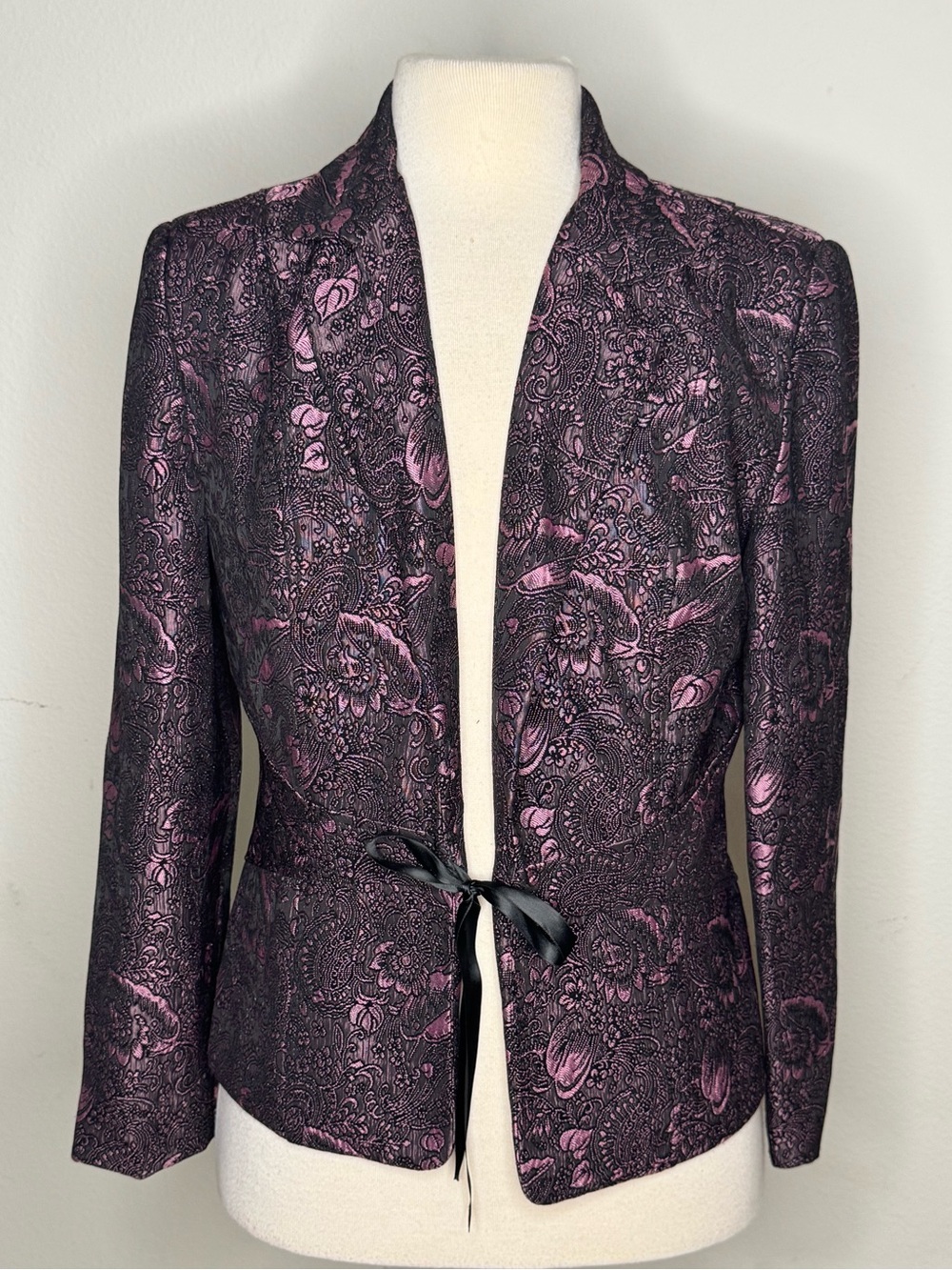 Perceptions New York purple floral jacquard jacket open front with ribbon 14 vtg